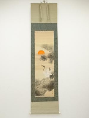 秋光筆　旭日松上双鶴　肉筆絹本掛軸（箱付）